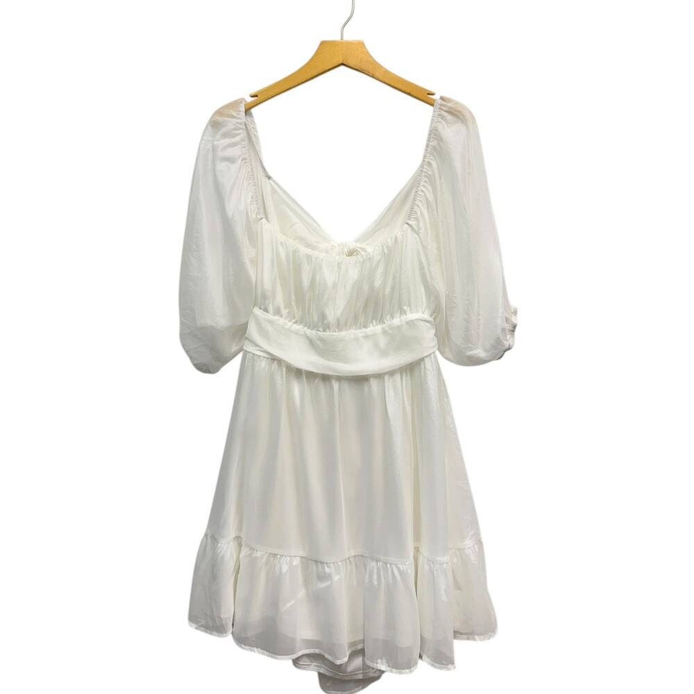 Lulus Ethereal Arrival White Puff Sleeve Tie-Back Chiffon Mini Dress size XL - Picture 5 of 6